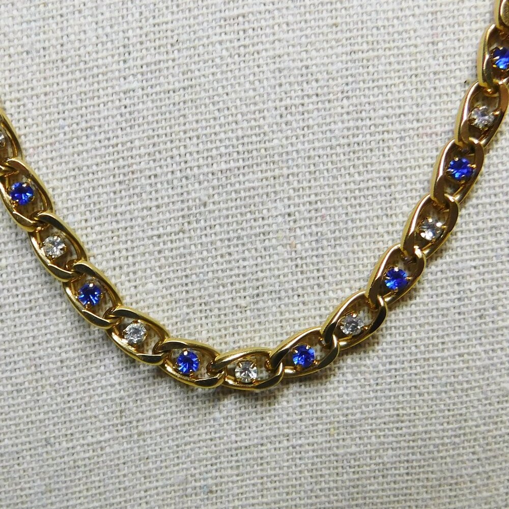 Gold Tone Necklace & Bracelet Set With Blue & Clear Rhinestones